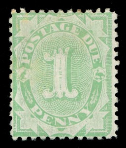 AUSTRALIA: Postage Dues: 1906-08 (SG.D51aw) Wmk Crown over single-line A, 1d Green variety WATERMARK INVERTED, tiny trace of toning, otherwise fresh mint; BW: D48a - Cat. $4,750 (SG. Cat £3,000). Rare!