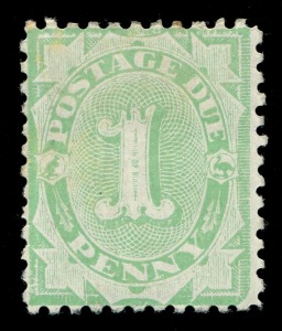 AUSTRALIA: Postage Dues: 1906-08 (SG.D51aw) Wmk Crown over single-line A, 1d Green variety WATERMARK INVERTED, tiny trace of toning, otherwise fresh mint; BW: D48a - Cat. $4,750 (SG. Cat £3,000). Rare!