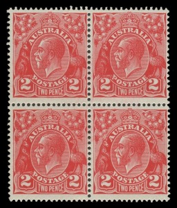 KGV Heads - Small Multiple Watermark Perf 13½ x 12½: 2d Scarlet Die III with No Watermark BW:102aa (SG.99ab) block of (4), the upper units MLH, the lower units MUH, Cat $20,000+ (£6000++ mounted). Michael Drury Certificate (2015). The ACSC states "The largest pieces now surviving are believed to be blocks of 4".The error was caused by being printed on the end of the roll of paper to which the watermark dandy roll was not applied. Such "errors" are normally identified and destroyed.