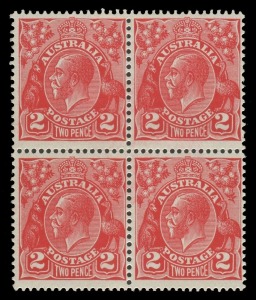 KGV Heads - Small Multiple Watermark Perf 13½ x 12½: 2d Scarlet Die III with No Watermark BW:102aa (SG.99ab) block of (4), the upper units MLH, the lower units MUH, Cat $20,000+ (£6000++ mounted). Michael Drury Certificate (2015). The ACSC states "The lar