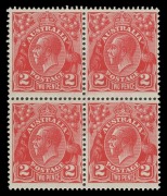 KGV Heads - Small Multiple Watermark Perf 13½ x 12½: 2d Scarlet Die III with No Watermark BW:102aa (SG.99ab) block of (4), the upper units MLH, the lower units MUH, Cat $20,000+ (£6000++ mounted). Michael Drury Certificate (2015). The ACSC states "The lar