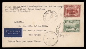 5 Nov.- 1 Dec.1935 (AAMC.P94) Port Moresby - Oroville Police Camp - Daru cover, flown by Stuart Campbell in a Short Scion Seaplane; also signed and dated on reverse by Cecil Cowley, the O.I.C. DARU arrival cds on front. [Only 12 flown]. Cat.$700.