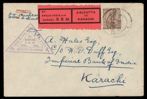 INDIA - Aerophilately & Flight Covers: THE 1925 ANGLO-INDIA AIR SURVEY BY COBHAM: 18 Feb.1925 (Feb.18) Calcutta - Karachi flight by Cobham and Elliott, envelope bearing 1a. with black on magenta "By/Anglo-India Air/Survey. D.H.50" vignette alongside and triangular "Anglo-India Air Survey" cachet, signed on the reverse by Arthur Elliott, the engineer on the flight. Only 100 items carried (68 covers; 32 cards).