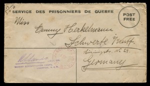 AUSTRALIA: Envelopes - Military: AUSTRALIA: Postal Stationery: Envelopes - Military: WWI PRISONERS OF WAR: Envelope with printed "POST/FREE" within a double circle and "SENDER'S NAME, COMPANY AND MESS" printed on flap Emery:PSPE.2, sent from Liverpool Ca
