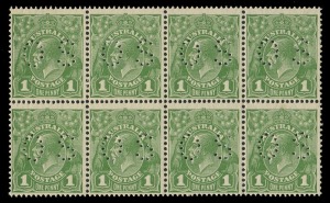 KGV Heads - Small Multiple Watermark Perf 13½ x 12½: 1d Green, perforated OS Plate 1 block of (8) [R49-52/55-58] comprising four Die I-II pairs; BW:81(1)ic, one Die 1 unit with a hinge remainder, otherwise unmounted, Cat $2200+. 