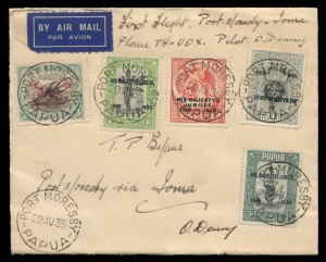 PAPUA - Aerophilately & Flight Covers: 29 Aug.1935 Port Moresby-Ioma flown cover (AAMC.P86) with Silver Jubilee set plus 3d Airmail tied by PORT MORESBY '29AU35' datestamps, cover endorsed and signed by pilot Orme Denny, IOMA P.O. backstamp, fine condition, Cat.$200.