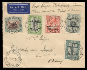 PAPUA - Aerophilately & Flight Covers: 29 Aug.1935 Port Moresby-Ioma flown cover (AAMC.P86) with Silver Jubilee set plus 3d Airmail tied by PORT MORESBY '29AU35' datestamps, cover endorsed and signed by pilot Orme Denny, IOMA P.O. backstamp, fine conditi