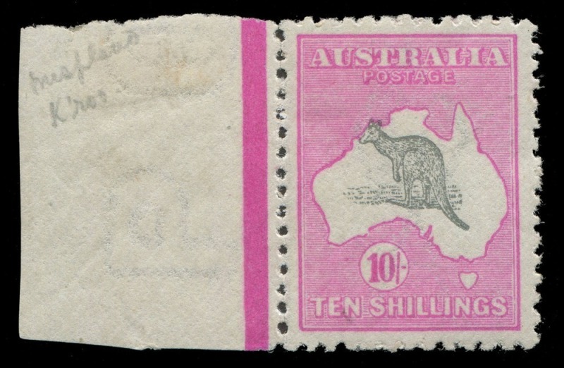 Kangaroos - Third Watermark: 10/- Grey & Aniline Pink, left marginal single showing "Slight misplacement of Roo to upper left resulting in the ears being completely outside the W.A. coast". Mint, very lightly hinged and well centred. A lovely stamp. BW: $