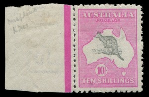 Kangaroos - Third Watermark: 10/- Grey & Aniline Pink, left marginal single showing "Slight misplacement of Roo to upper left resulting in the ears being completely outside the W.A. coast". Mint, very lightly hinged and well centred. A lovely stamp. BW: $5000.