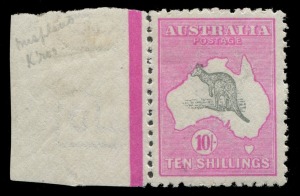 Kangaroos - Third Watermark: 10/- Grey & Aniline Pink, left marginal single showing "Slight misplacement of Roo to upper left resulting in the ears being completely outside the W.A. coast". Mint, very lightly hinged and well centred. A lovely stamp. BW: $