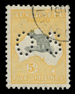 Kangaroos - Small Multiple Watermark: Australia: S.Mult Wmk. 5/- Grey & Yellow-Orange, perf 'OS' CTO, very well centred, lightly mounted o.g., BW:45wb - Cat. $250. A lovely stamp.