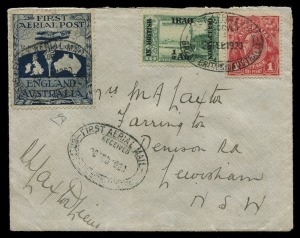 Aerophilately & Flight Covers : Nov.1919 - Feb.1920 (AAMC.27a) Ross Smith flight cover with the vignette affixed at left, together with an Iraq ½ anna on 10para in combination with an Australian KGV 1d red; all tied by the 26 Feb.1920 oval "FIRST AERIAL MAIL" cachet (with an additional strike below), posted from the ANZAC Wireless Squadron stationed in Mesopotamia (Iraq) en route for Australia. Addressed to Mrs A. Laxton in Lewisham and endorsed at lower left by Lieut. R.L. Laxton,
