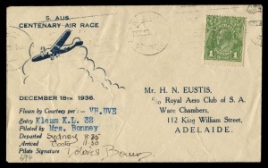 AUSTRALIA: Aerophilately & Flight Covers: 16 Dec.1936 (AAMC.664-696) Brisbane - Adelaide South Australian Centenary Air Race, the complete set of 33 covers individually prepared for each competitor in their respective aircraft including the Civil Aviation Department's Monospar piloted by Flt Lieut D Ross (AAMC.695) & the "Herald" Percival Monospar Gull (AAMC.696) piloted by Capt. P.G. Taylor, who both flew as officials not competitors, plus the unlisted cover prepared for CA Butler who was unabl