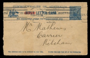 AUSTRALIA: Letter Cards: DIVIDED REPLY LETTERCARD::1917 (BW:LC29/133) KGV 1d Outward Half with obliterating bars through "REPLY", zig-zag rouletted 15, "Town Hall, Sydney" illustration, 1917 (Sept.14) FU, Cat $400.