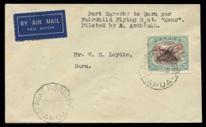 PAPUA - Aerophilately & Flight Covers: 17 Mar.1936 (AAMC.P97) cover flown Port Moresby - Daru on the Second Archbold Expedition per flying boat "Kono", DARU arrival 18.3.36 backstamp. [12 flown].The objectives of the Expedition were to explore the Fly Riv