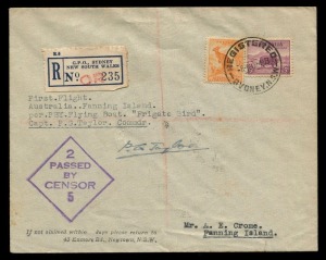 AUSTRALIA: Aerophilately & Flight Covers: THE RETURN FLIGHT OF "THE FRIGATE BIRD": 10 Nov.1944 (AAMC.982) Sydney - Fanning Island flown cover, registered & censored, 'POST OFFICE/13NOV44/FANNING ISLAND' arrival b/s, signed by the pilot "PG Taylor". Cat $6