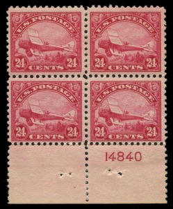 UNITED STATES OF AMERICA: AIRMAILS: 1923 (Scott C4-6) 8c, 16c & 24c issue in fresh blocks of 4; the lower values with 2 MUH/2 MLH units; the 24c with lower margin with plate number and completely MUH. (12). A beautifully centred premium quality set. Cat.US$1075+.
