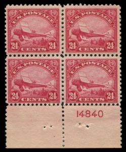 UNITED STATES OF AMERICA: AIRMAILS: 1923 (Scott C4-6) 8c, 16c & 24c issue in fresh blocks of 4; the lower values with 2 MUH/2 MLH units; the 24c with lower margin with plate number and completely MUH. (12). A beautifully centred premium quality set. Cat.U