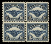 UNITED STATES OF AMERICA: AIRMAILS: 1923 (Scott C4-6) 8c, 16c & 24c issue in fresh blocks of 4; the lower values with 2 MUH/2 MLH units; the 24c with lower margin with plate number and completely MUH. (12). A beautifully centred premium quality set. Cat.U - 2