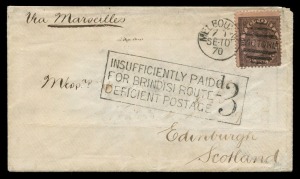 VICTORIA - Postal History: 1870 (Sept.10) cover to Scotland endorsed "Via Marseilles", but sent via Brindisi due to the ongoing Franco-Prussian War, with 10d brown/pink Laureate tied by Melbourne duplex; superb strike of 'INSUFFICIENTLY PAID/FOR BRINDISI 