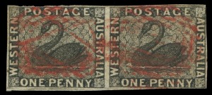 WESTERN AUSTRALIA: 1854 (SG.1) Imperforate 1d black horizontal pair, each unit with void grid cancels in red, complete margins that just touch in two places. Most attractive.