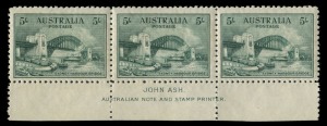 AUSTRALIA: Other Pre-Decimals: 1932 (SG.143) 5/- Harbour Bridge, Ash imprint strip of 3, well centred, MUH. BW:148zf - Cat $5500. Superb!