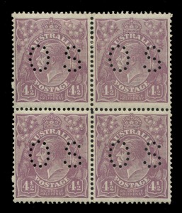 KGV Heads - Single Watermark: 4½d Violet, perforated 'OS', block (4), upper units MLH, lower units MUH. A scarce stamp, especially in multiples. Cat.$2400+.