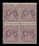 KGV Heads - Single Watermark: 4&frac12;d Violet, perforated 'OS', block (4), upper units MLH, lower units MUH. A scarce stamp, especially in multiples. Cat.$2400+.