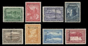 TASMANIA: 1899-1900 (SG.229s-236s) Wmk 'TAS' ½d to 6d Pictorials overprinted 'Specimen', generally fine mint with large-part o.g., Cat £550. 