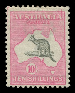 Kangaroos - First Watermark: 10/- Grey & Pink with variety "Significant doubling of the design in upper portion of stamp", also "Heavy shading lines under 'LIN' of 'SHILLINGS'", fine MLH. The only recorded example. For comparison see BW:48ca the 3rd wmk with "treble print of frame" which is only recorded used and is catalogued at $15,000 in that condition!