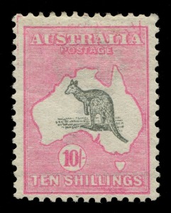 Kangaroos - First Watermark: 10/- Grey & Pink with variety "Significant doubling of the design in upper portion of stamp", also "Heavy shading lines under 'LIN' of 'SHILLINGS'", fine MLH. The only recorded example. For comparison see BW:48ca the 3rd wmk w