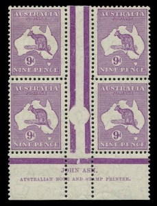 Kangaroos - CofA Watermark: 9d Violet Die IIB Plate 4 Ash Imprint ('N' over 'N') Second State with "screw-hole" in Jubilee Lines, variety "Die II substitution", three units unmounted. BW: #28(4)b - Cat $650 (mounted).