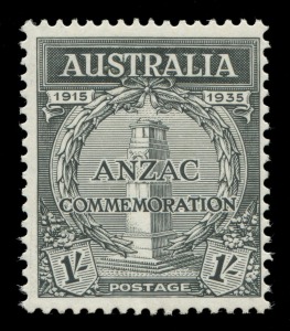 AUSTRALIA: Other Pre-Decimals: PLATE PROOF: 1/- ANZAC perf.13½x12½ Plate Proof, fresh MUH, BW: 165PP(1) - Cat. $2750 (SG Cat. £1600). Unissued.Of one sheet of 120 printed, only a part sheet survived. The issued stamp is Perf.11.
