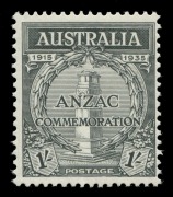 AUSTRALIA: Other Pre-Decimals: PLATE PROOF: 1/- ANZAC perf.13&frac12;x12&frac12; Plate Proof, fresh MUH, BW: 165PP(1) - Cat. $2750 (SG Cat. &pound;1600). Unissued.Of one sheet of 120 printed, only a part sheet survived. The issued stamp is Perf.11.