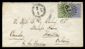 QUEENSLAND - Postal History: 1885 (Mar.20) cover to Hamilton, Ontario via San Francisco with 6d & 2d Sidefaces tied by bold strike of Rays '79' canceller, adjacent strike of Type 1a HERBERTON datestamp (Type 1a unrecorded for Herberton by Manning), on rev