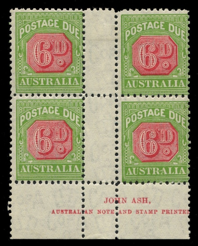 AUSTRALIA: Postage Dues: 1931-36 (SG.D110) Wmk Multiple Crown CofA, 6d carmine & yellow, Ash Imprint block (4), with varieties "Break in frame over 'U' of 'AUSTRALIA'" [LP60] and "'RA' of 'AUSTRALIA' of joined" [RP55], hinged in central gutter (one stamp