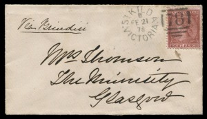 VICTORIA - Postal History: 1878 (Feb.21) cover to Glasgow "Via Brindisi" with 8d red-brown/pink (with variety "Colour flaws at base of value tablet") tied by fine ST KILDA '78' duplex cancel, on reverse MELBOURNE transit and 'HILLHEAD/GLASGOW' arrival datestamp.
