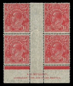 KGV Heads - Small Multiple Watermark Perf 14: 1½d Red on Translucent Paper, Plate 4 Mullet Imprint block (4), with variety "'ST' of 'POSTAGE' joined" [4R55], MLH with lower units MUH. BW:91aa(4)za - Cat. $450+.