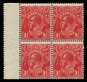 KGV Heads - Small Multiple Watermark Perf 13½ x 12½: 1½d Deep Golden Scarlet marginal block of 4 from the right pane, fresh MUH. BW:92J - Cat.$3600+. One single sheet came onto the market in 1969. Previously only punctured 'OS' had been recorded in this distinctive shade.