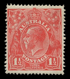 KGV Heads - Single Watermark: 1½d Red Die I variety "Cracked electro - Advanced State - From lower right-hand frame through to the Kangaroo's legs at left" [17R26], fine MLH, BW:89(17)r - Cat. $600.