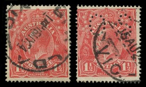 KGV Heads - Single Watermark: 1½d Red Die I variety "Cracked electro" [17R26], two examples, one an early state, the other (perf 'OS'), being a highly advanced state with a widening of the crack at lower right, both fine used, BW:89(17)r - Cat. $300 & $60