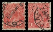 KGV Heads - Single Watermark: 1&frac12;d Red Die I variety "Cracked electro" [17R26], two examples, one an early state, the other (perf 'OS'), being a highly advanced state with a widening of the crack at lower right, both fine used, BW:89(17)r - Cat. $300 & $60