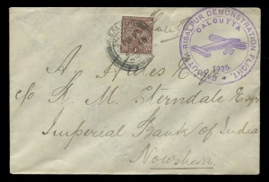 INDIA - Aerophilately & Flight Covers: 2 Feb. 1925 Rislapur-Calcutta cover carried on RAF demonstration flight with 'CALCUTTA-RISALPUR DEMONSTRATION FLIGHT/CALCUTTA/1925' cachet, KGV 1a tied by RISLAPUR '2FEB25' datestamp, signed by pilot Flight Lt Gordon. Only 124 flown; also 25 Oct. 1936 Paris-Saigon Air Race cover carried by Arnoux, Japy & Micheletti in a Caudron 'Goeland', the plane crashing in Karachi with 3p added tied by 'KARACHI AIR' datestamp and 'Voyage interrompu/le 26-10-1936 a Kara