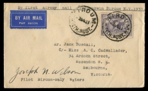 AUSTRALIA: Aerophilately & Flight Covers: 3-4 Dec.1931 (AAMC.228) Birdum - Daly Waters cover, addressed to Melbourne, with fine 'BIRDUM/3DE/31 datestamp tying stamp, flown by Qantas on the return leg of their temporary wet season contract service, signed 