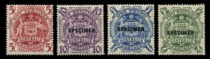 AUSTRALIA: Other Pre-Decimals: 1948-56 (SG.224bs-224ds) 10/-, £1 & £2 Arms overprinted 'SPECIMEN', plus 5/- Arms CTO, all unmounted.