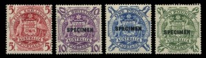 AUSTRALIA: Other Pre-Decimals: 1948-56 (SG.224bs-224ds) 10/-, £1 & £2 Arms overprinted 'SPECIMEN', plus 5/- Arms CTO, all unmounted. 