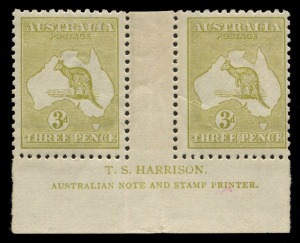 Kangaroos - Third Watermark: 3d Olive (Die 2B) Harrison Two-line Imprint pair from Plate 4, MUH but with a band of light gum discolouration (from poor previous housing). BW:14(4)za+ - $1750+ (not priced **).
