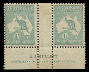 Kangaroos - Third Watermark: 1/- Bright Blue-Green (Die IIB) Mullett Imprint pair with SIDEWAYS WATERMARK, fresh Mint. [Unlisted as such, but see note at p2/122 in BW [2017 edition] re existence of Imprint blks.4 valued at $2250.]
