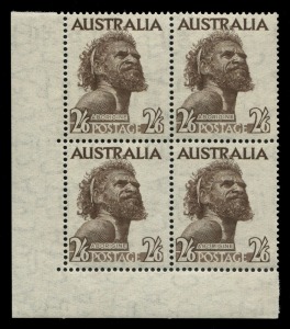 AUSTRALIA: Other Pre-Decimals: 1952 (SG.253) 2/6 Aborigine (Wmk'd paper) No Imprint lower left corner blk.(4); R12/2 with variety "Line through AUSTRALIA". Superb MUH. ACSC:266zd.
