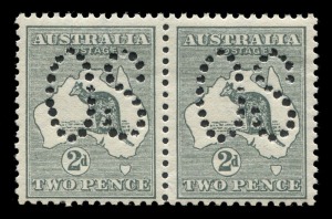 Kangaroos - First Watermark: 2d Grey, horizontal pair, perforated Large OS; fresh MUH. BW:5bb - $650.